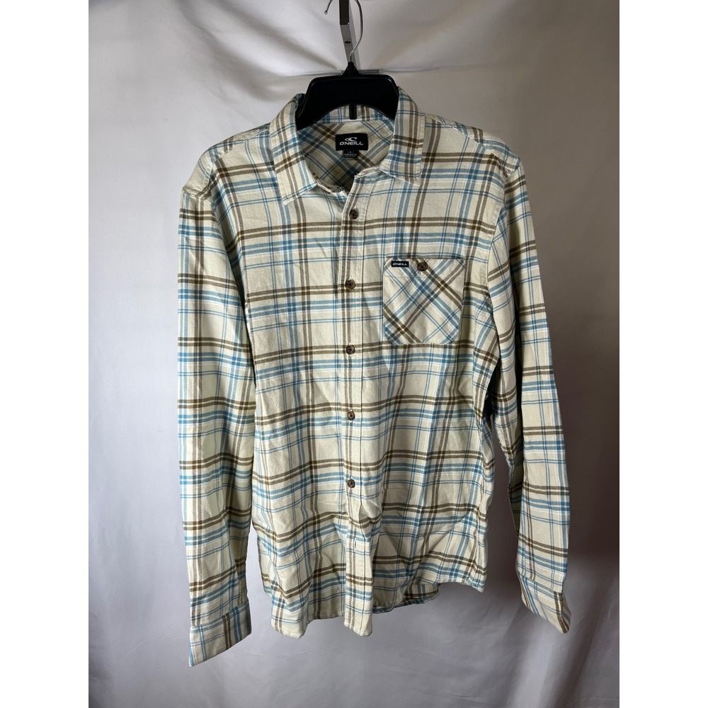O'Neill Mens Plaid Flannel Long Sleeve Button Down Shirt‎ Cream Blue Small NWT